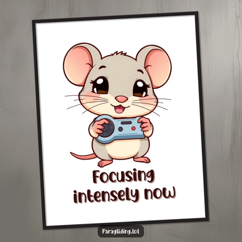 Funny digital art print of a shy mouse with wide, curious eyes, intensely gripping game controls, digital download.