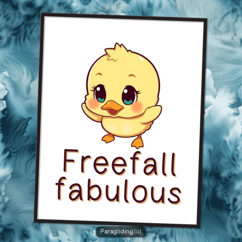 Funny digital art print of a duckling with surprised eyes falling, conveying adorable chaos and humorous charm.