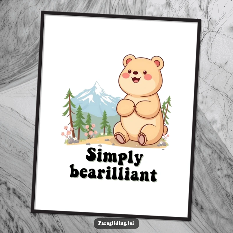 Funny beaming bear enjoying a serene mountain view - instant digital art print for peaceful and humorous decor.