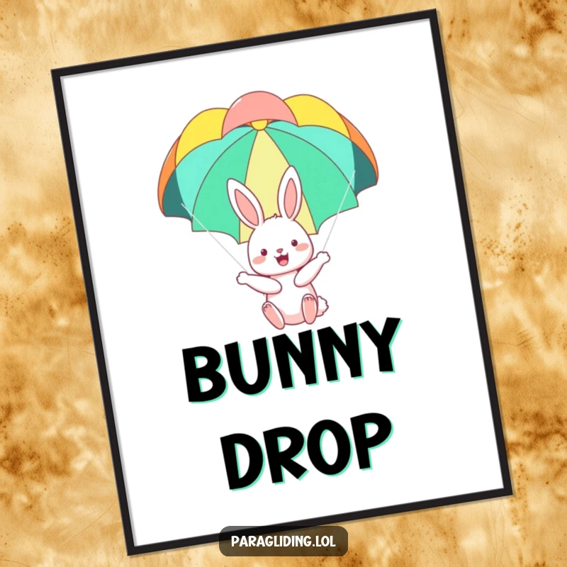 Funny digital art print of a happy bunny floating serenely under a colorful parachute, perfect for adding a touch of whimsical joy.