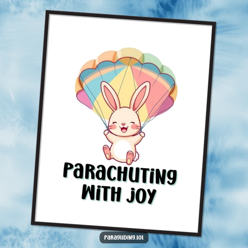 Funny digital art print: A cheerful bunny joyfully dangling from a colorful parachute. High-resolution, adventurous, and funny.