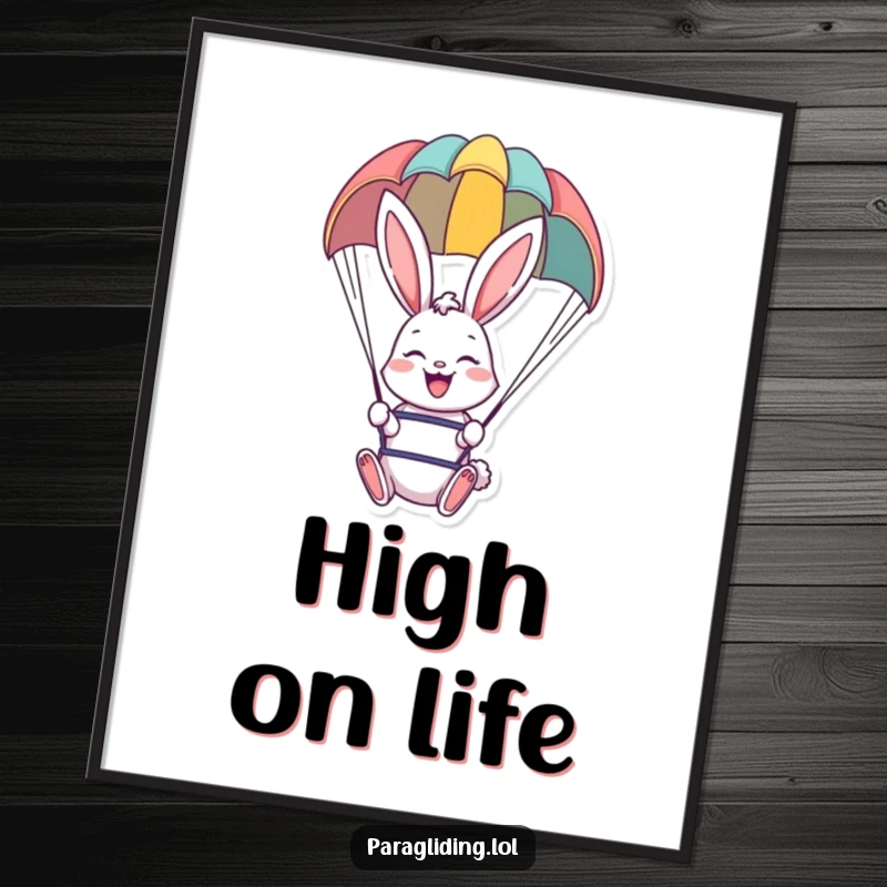 Funny digital art print of a cheerful bunny paragliding, perfect for instant, whimsical home or office decor.