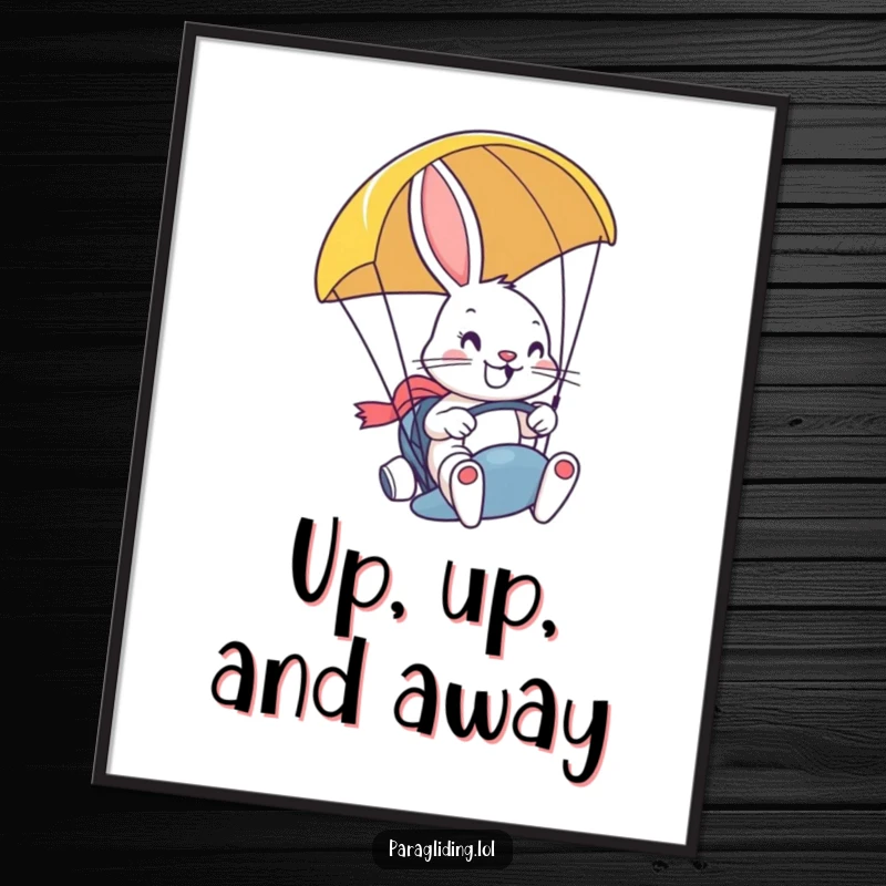 Funny digital art print of a determined, smiling bunny steering a paraglider with a grin, ideal for printable wall decor with a bold and adventurous theme.