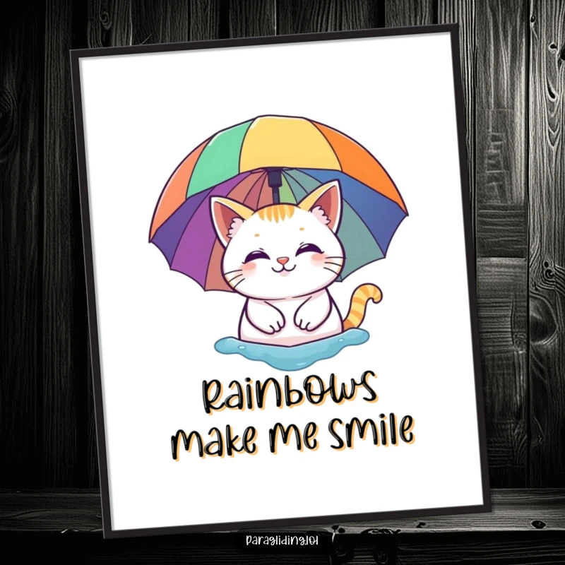 Funny digital art print: A smiling cat floating serenely under a vibrant rainbow umbrella. High-resolution, charming, and funny.
