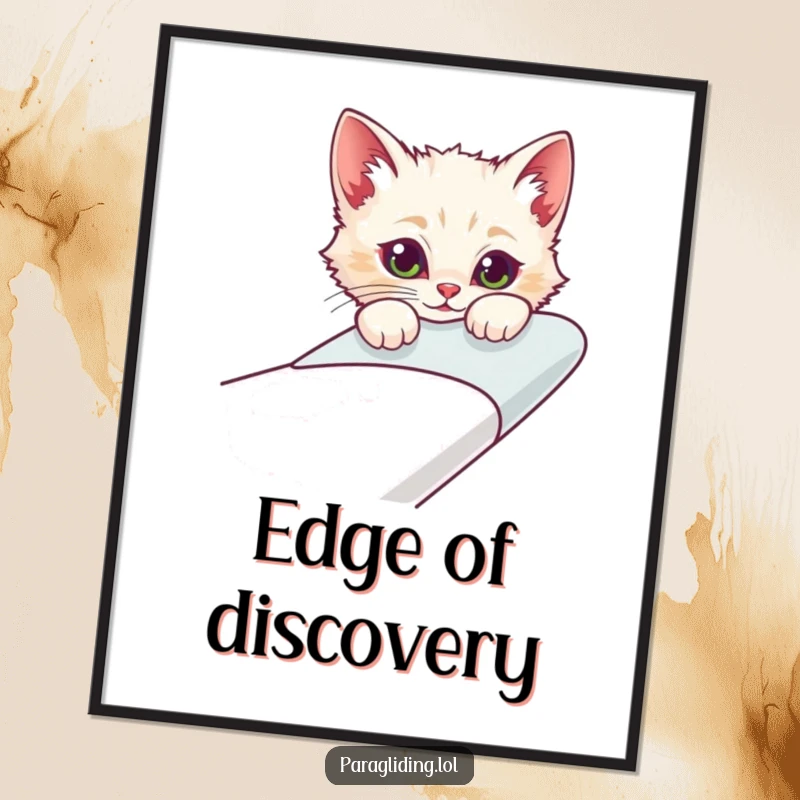 Funny digital art print of a curious cat character peeking over the edge of a glider, perfect for adding feline charm to walls.