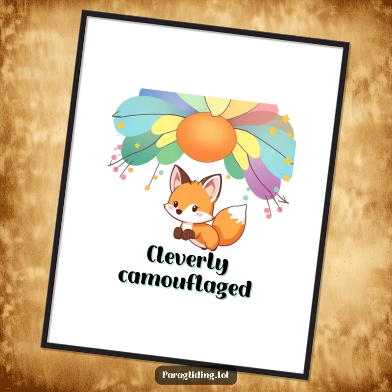 Funny curious fox character, gliding under a canopy, digital art print, a charming funny gift.