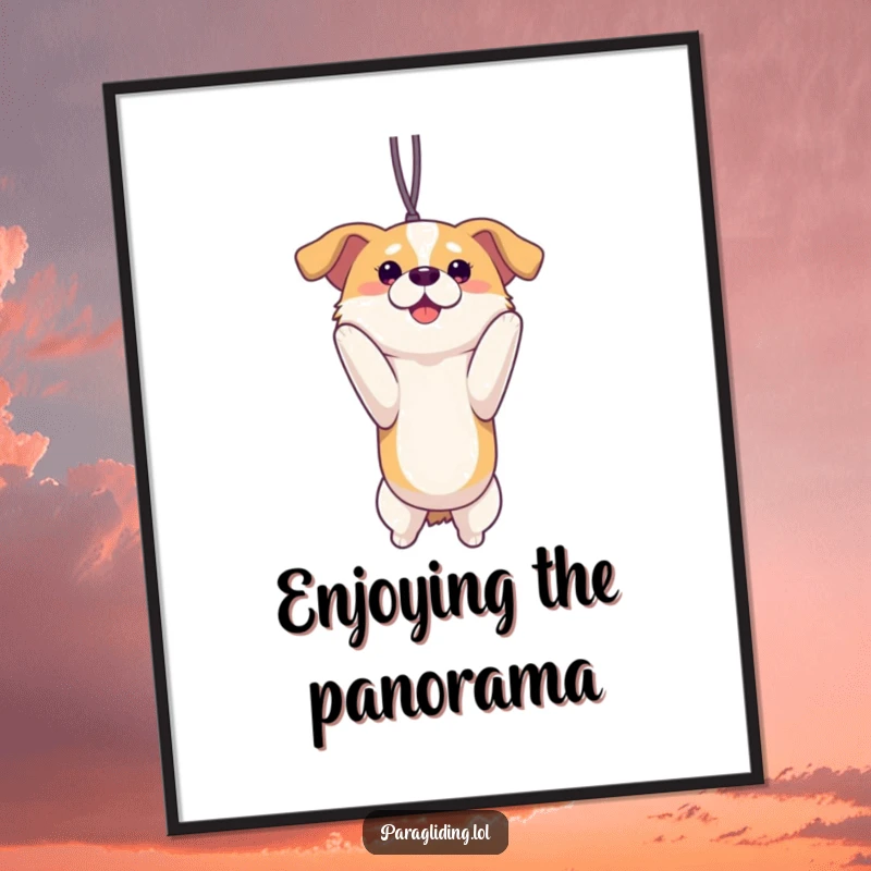 Funny proud dog suspended and enjoying a scenic view on digital art. Joyful and easy funny gift for dog lovers' decor.