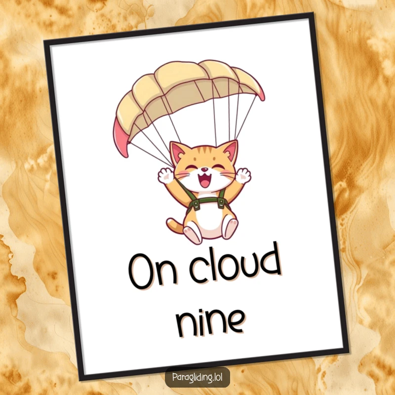 Funny digital art print of a giggling cat paragliding, perfect for instant, joyful home or office decor.