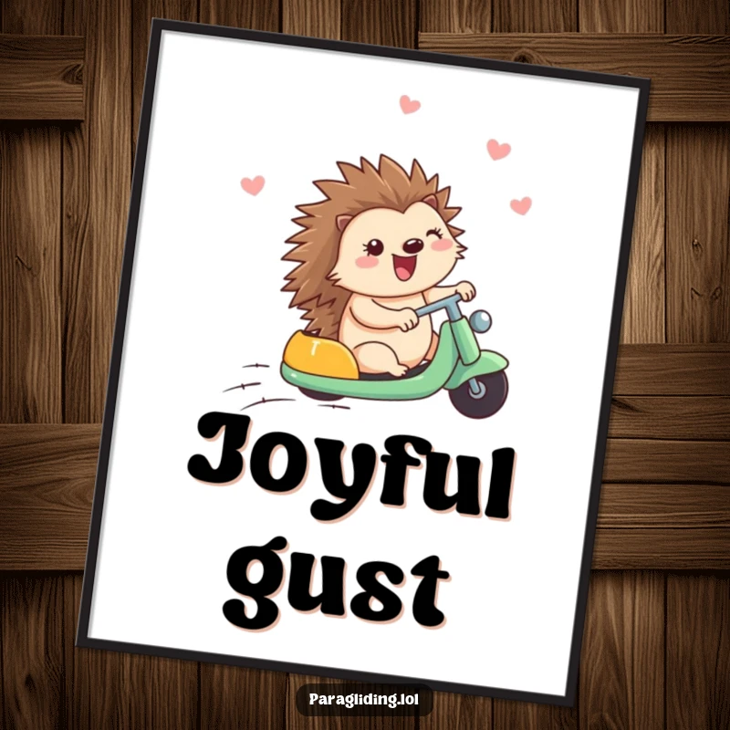 Funny digital art print of a happy hedgehog riding a breeze, conveying pure joy and delightful serenity.