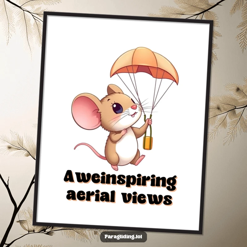 Funny digital art of a small mouse looking amazed from a paraglider in the sky, conveying discovery and wonder.