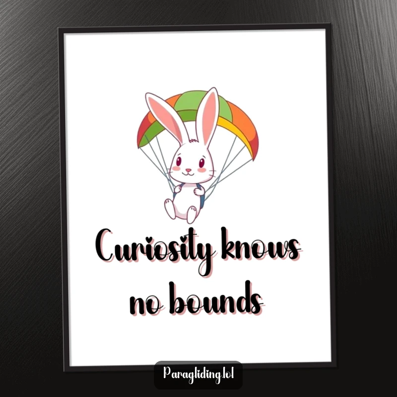 Funny curious rabbit looks down from a colorful paraglider, a digital art print of curious airborne exploration.