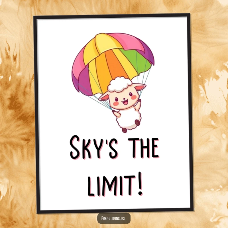 Funny digital art print of a little sheep joyfully paragliding, bringing humorous adventure and vibrant colors to any setting.