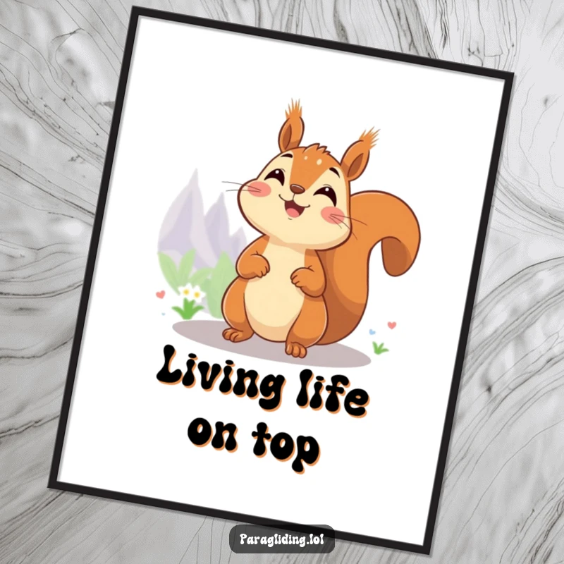 Funny digital art print of a cheerful squirrel enjoying a magnificent view from high above.