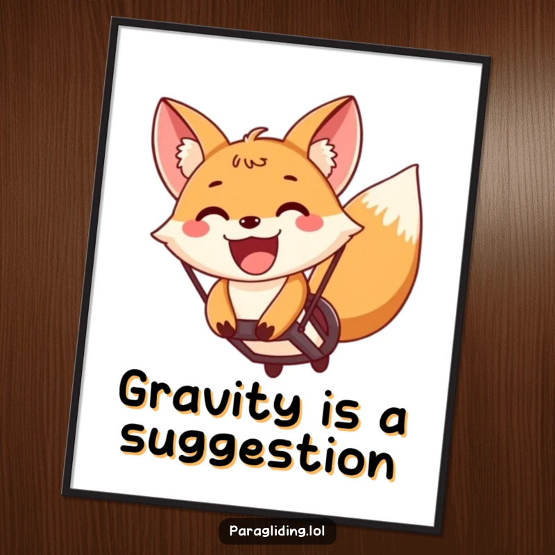 Funny fox paragliding with a wide, excited grin, vibrant digital art print capturing the pure exhilaration of airborne adventure.