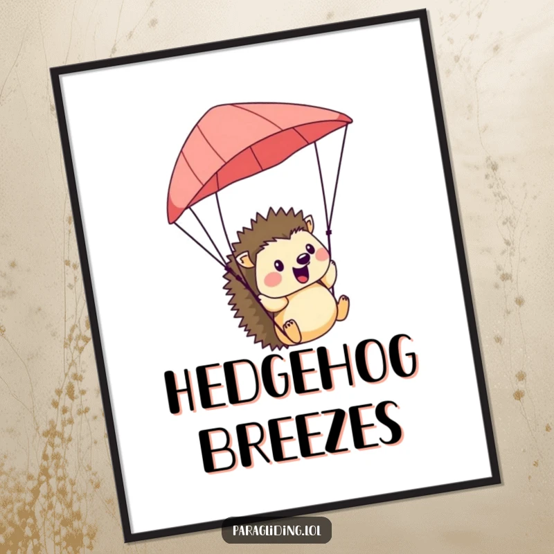 Funny Hedgehog Digital Art Print: High-resolution funny art of a cheerful hedgehog paragliding, blissfully enjoying the gentle breeze.