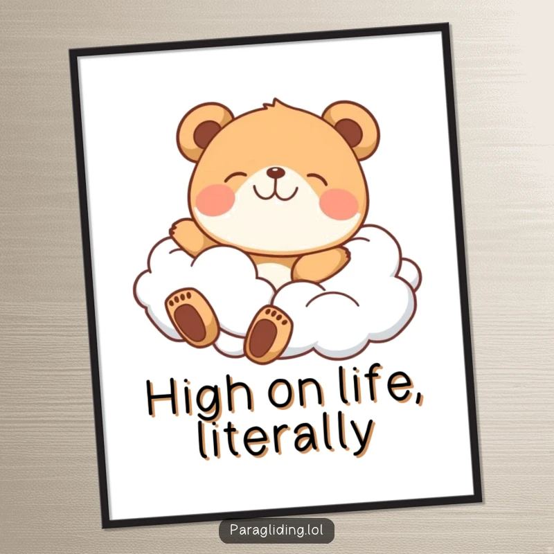 Funny digital art print of a delighted bear peacefully drifting on fluffy clouds, bringing serene joy.