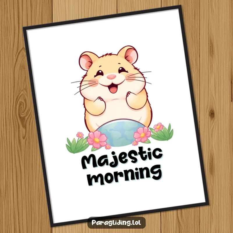 Funny digital art print of a smiling hamster observing the world from above, conveying a humorous and elevated perspective.