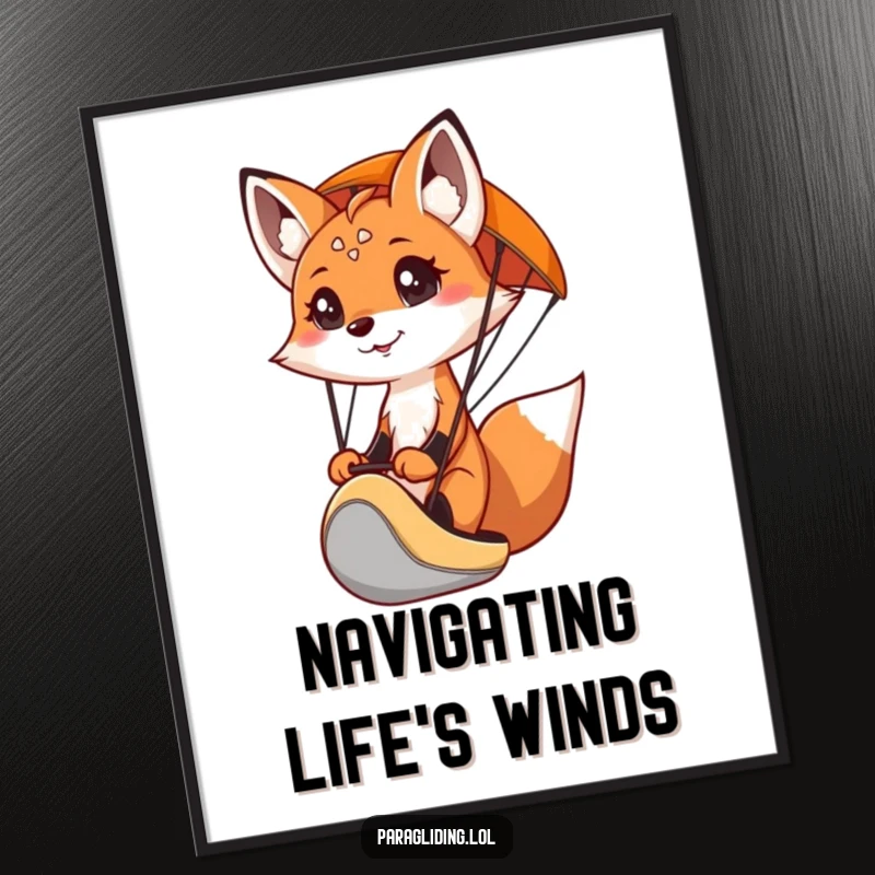 Funny digital art print of a determined fox paragliding, perfect for instant, adventurous home or office decor.