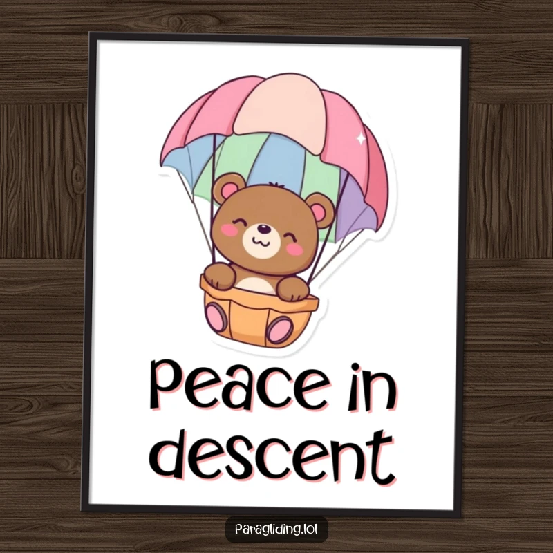Funny digital art print of a happy bear floating peacefully in a colorful parachute, symbolizing serenity and whimsical adventure, perfect funny gift.