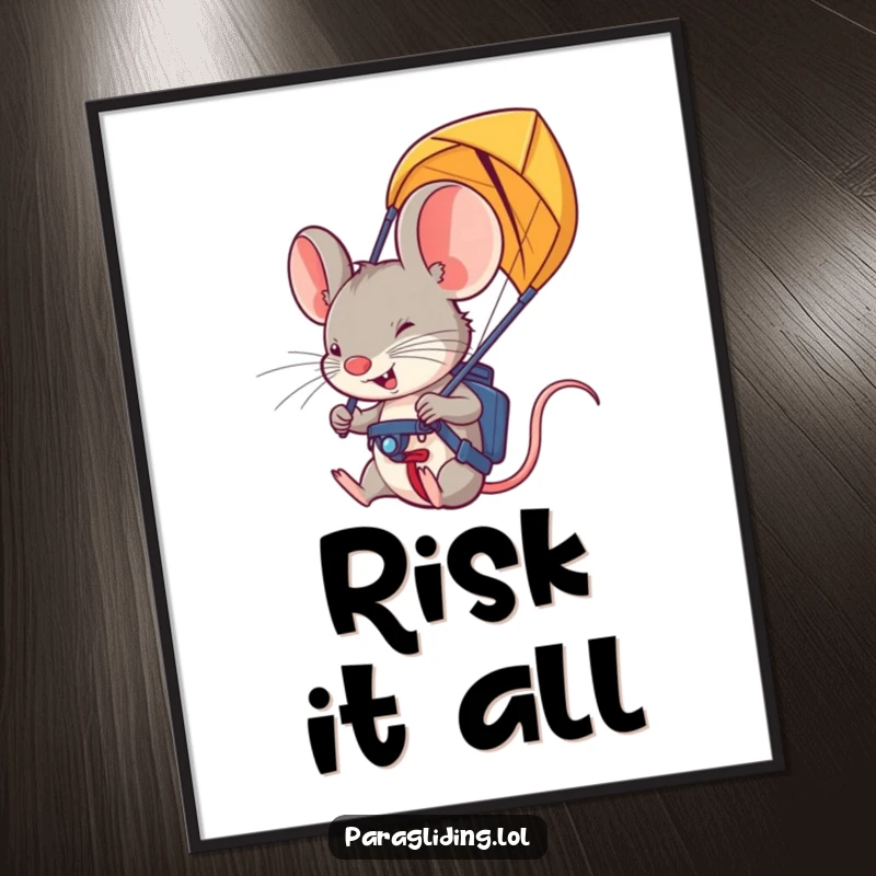Funny paraglider mouse digital art print: a heroic mouse gripping paraglider handles, symbolizing adventure and bravery.