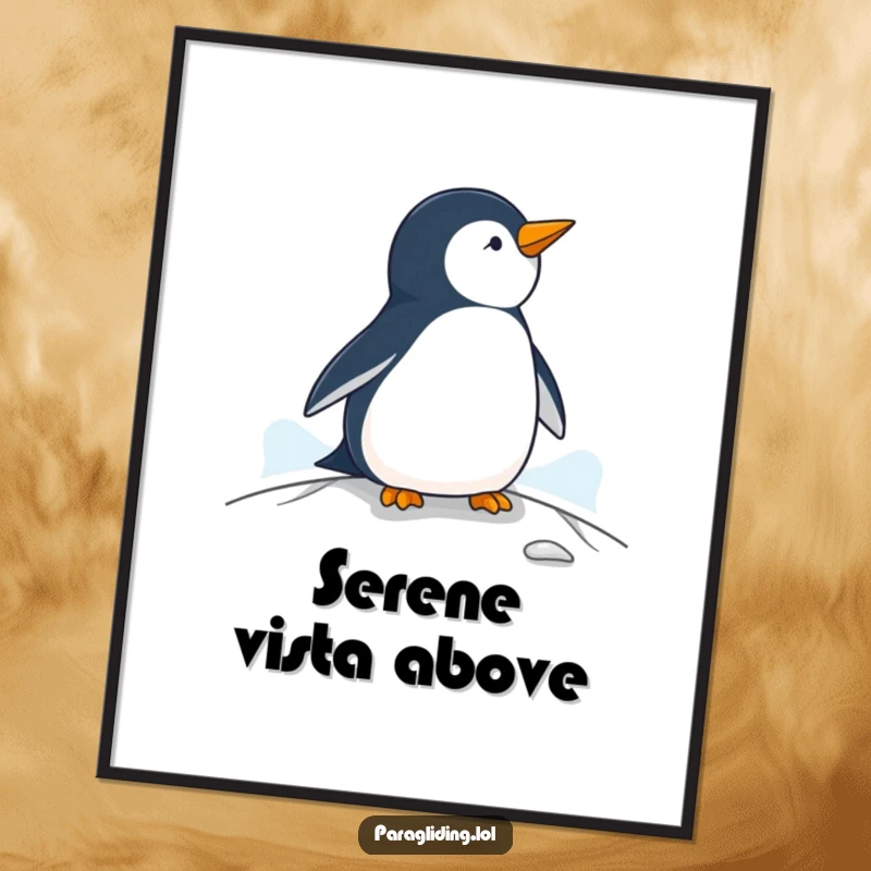 Funny penguin digital art, a printable featuring a penguin observing from a paraglider, instant decor.