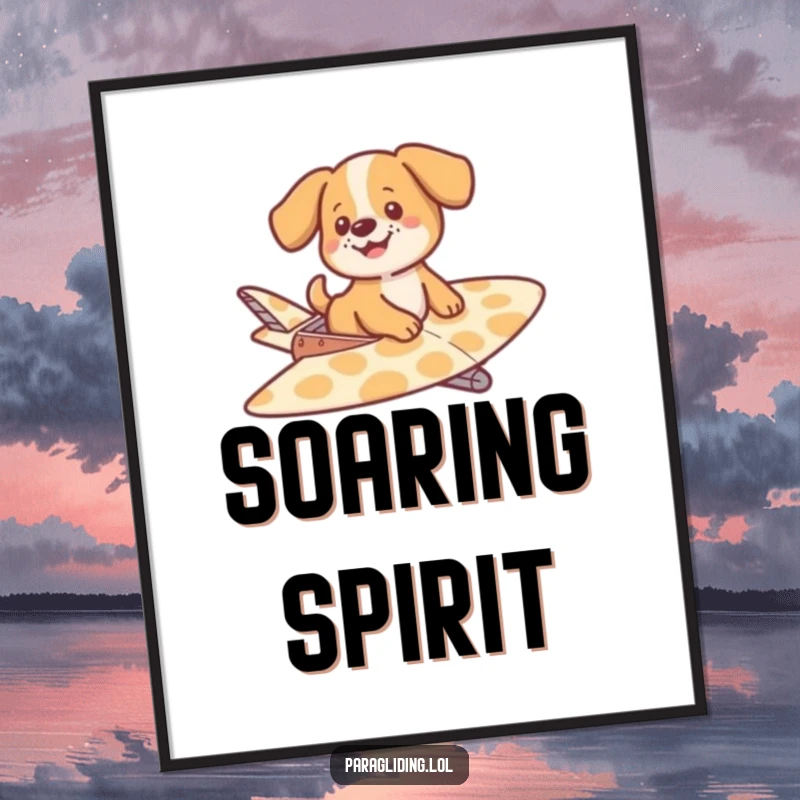 Funny digital art print of a happy dog drifting on a patterned glider, capturing pure canine bliss and a sense of gentle, whimsical flight.