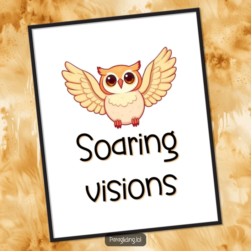 Funny happy owl character, soaring with wide wings, digital art print, a wise funny gift.