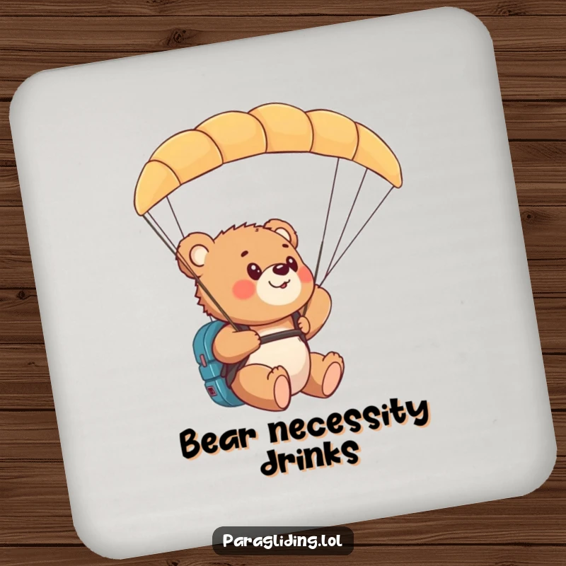 Funny bear cub paragliding coaster showing a cub looking amazed at the view from its paraglider.