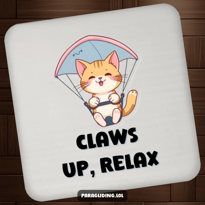 Funny confident cat paragliding nimbly on a protective drink coaster. A stylish and funny gift for cat owners.