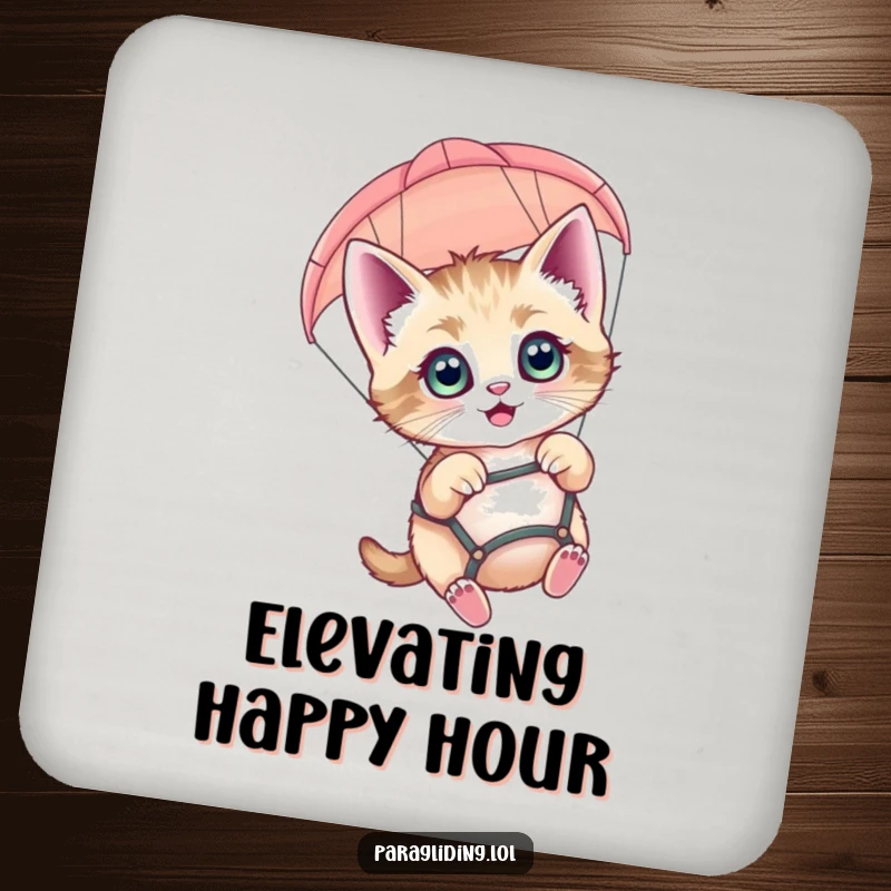 Funny paragliding kitten coaster, depicting a happy, wide-eyed cat paragliding with a joyful expression.