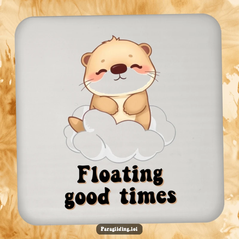 Funny coaster set depicting a happy, fluffy otter drifting peacefully among fluffy clouds, adding a touch of serene whimsy to any tabletop.