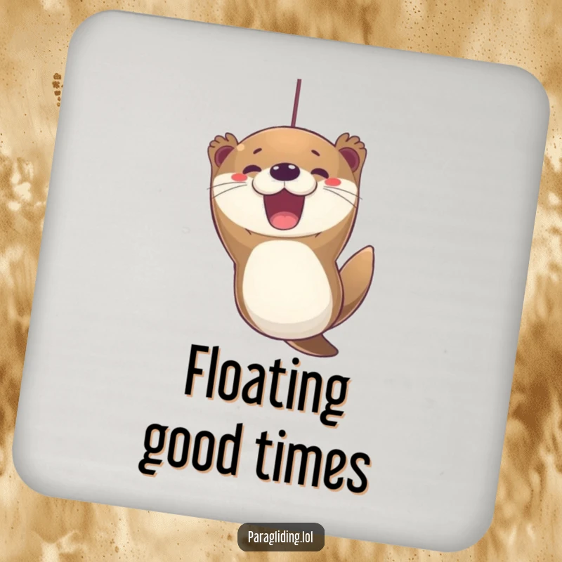 Funny otter paragliding coaster, showing an excited otter with a joyful expression, protecting surfaces with happiness.