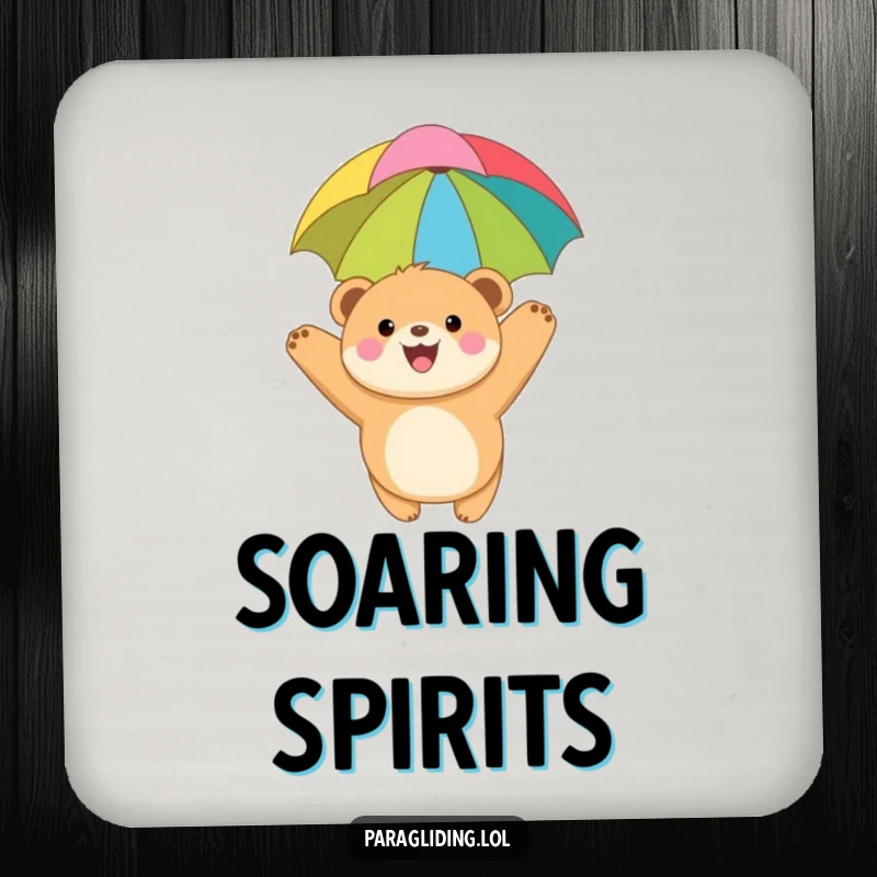 Funny coaster set depicting a joyful, round bear cub paragliding with a colorful canopy, adding a touch of adventurous whimsy to any tabletop.