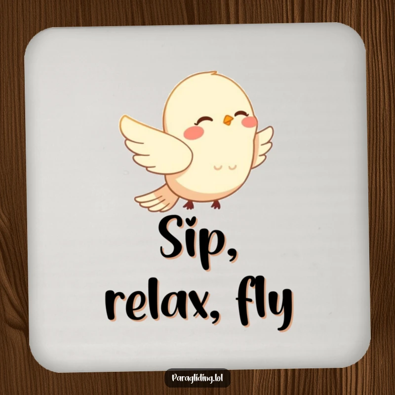 Funny smiling bird peacefully drifting on wind currents on a protective drink coaster. A serene and funny gift for bird lovers.
