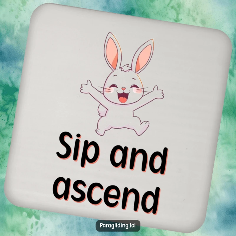 Funny drink coaster featuring a delighted bunny soaring through the sky, offering humorous surface protection and a cheerful vibe.