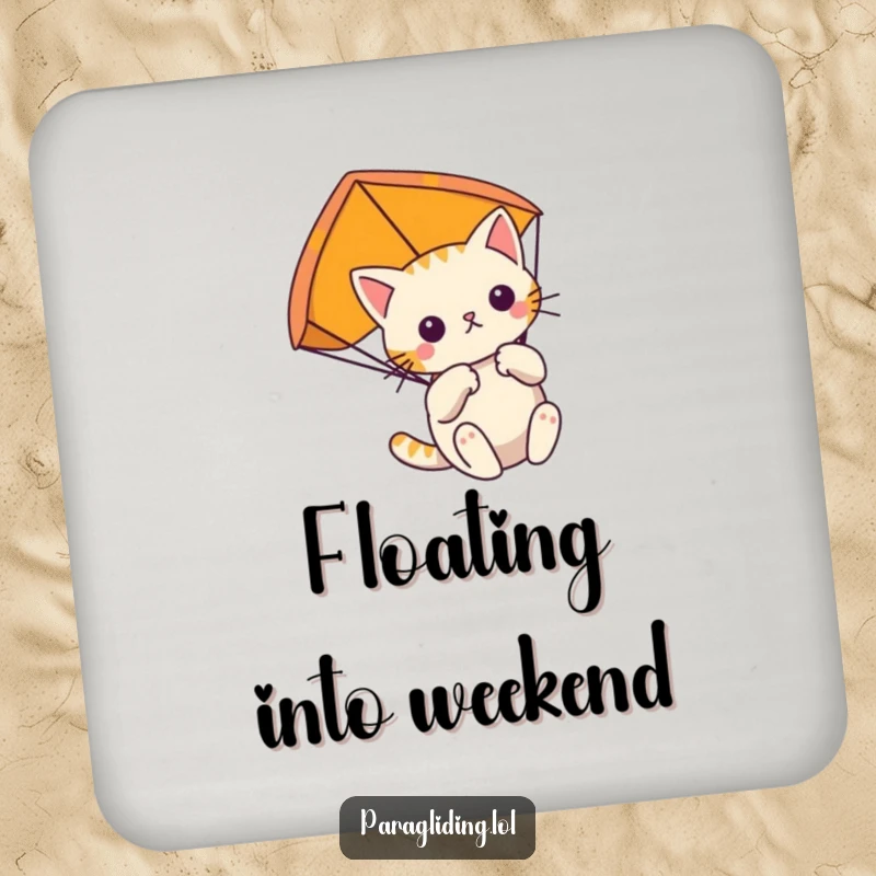 Funny determined cat floats gently, clutching its paraglider on a drink coaster, offering protection with quiet focus.