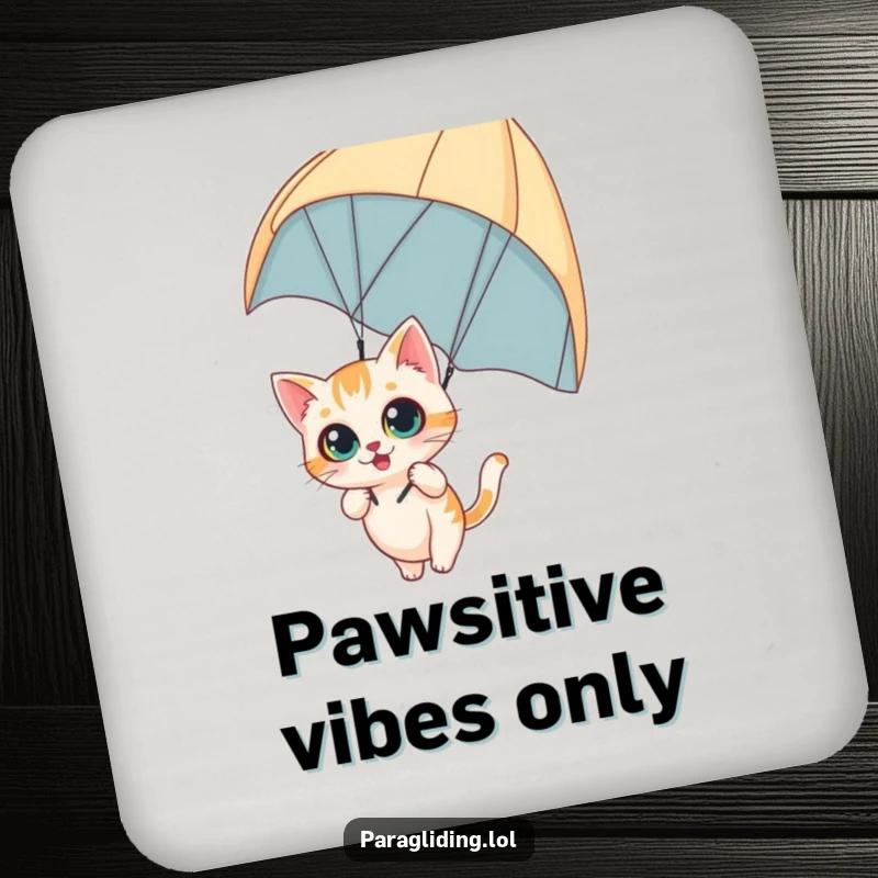 Funny drink coasters with a curious cat dangling from a paraglider with wide eyes, offering thrilling protection, perfect funny gift set.
