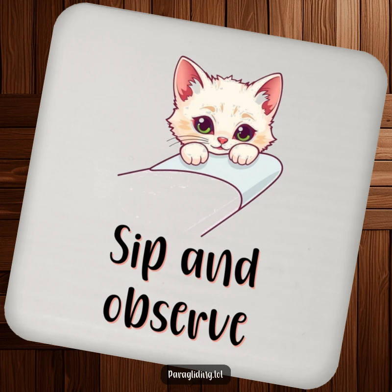 Funny drink coasters depicting a curious cat character peeking over the edge of a glider, protecting surfaces with feline charm.