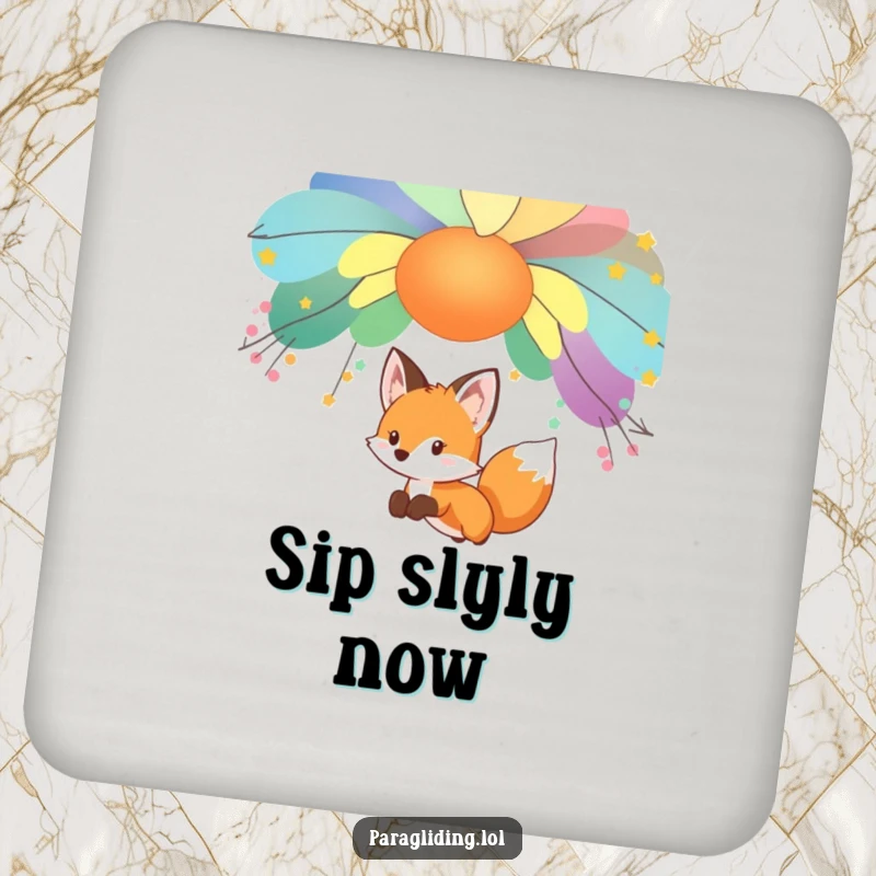 Funny curious fox character, gliding under a canopy, on a protective coaster, a charming funny gift.