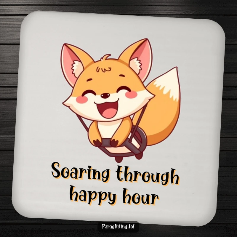 Funny fox paragliding with a wide, excited grin on a drink coaster, adding airborne joy to beverage protection.