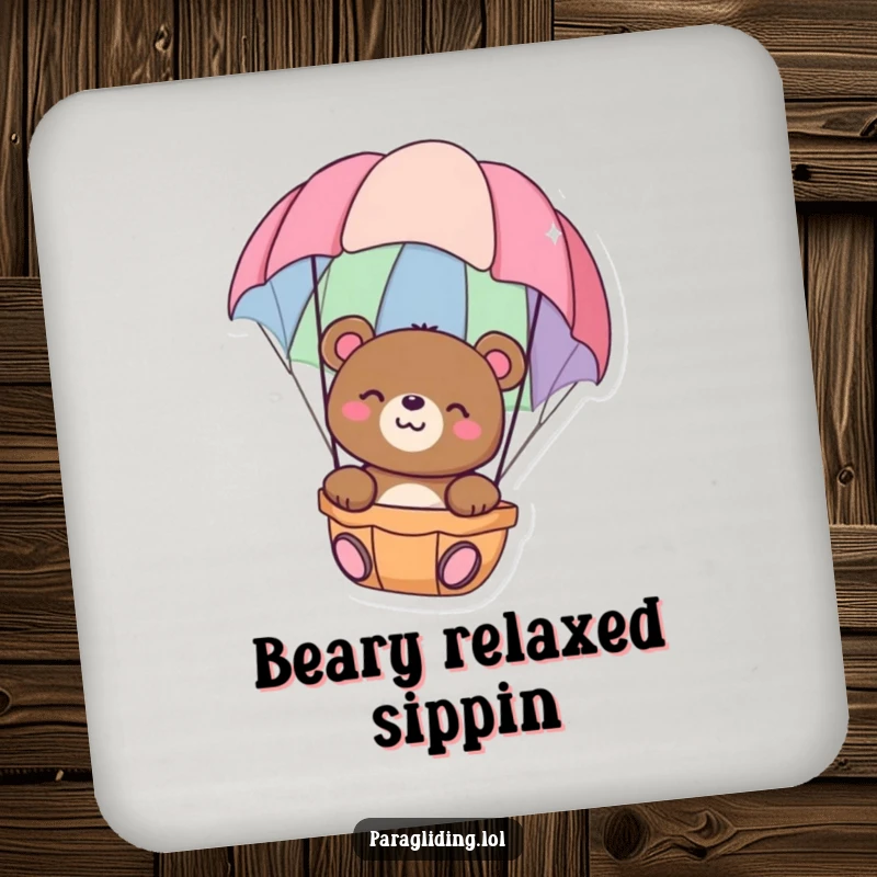 Funny drink coasters with a happy bear floating peacefully in a colorful parachute, offering serene protection, perfect funny gift set.