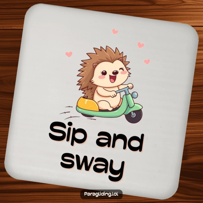 Funny drink coaster featuring a happy hedgehog enjoying a breeze, offering protection with a cheerfully humorous design.