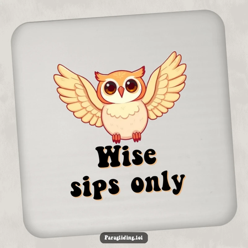 Funny happy owl character, soaring with wide wings, on a protective coaster, a wise funny gift.