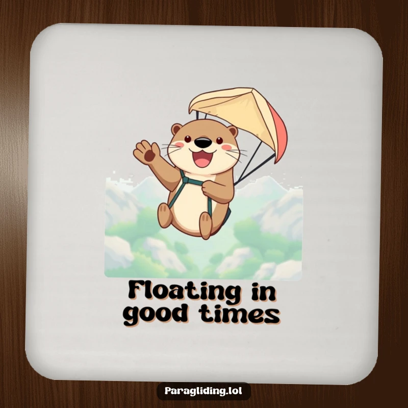 Funny coaster featuring a happy otter waving from a paraglider high in the sky, adding personality to any table setting.