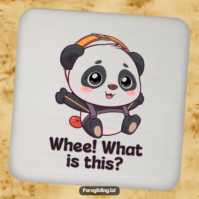 Funny Panda Paraglider Coaster featuring a happy, bewildered panda paragliding, offering humorous surface protection.