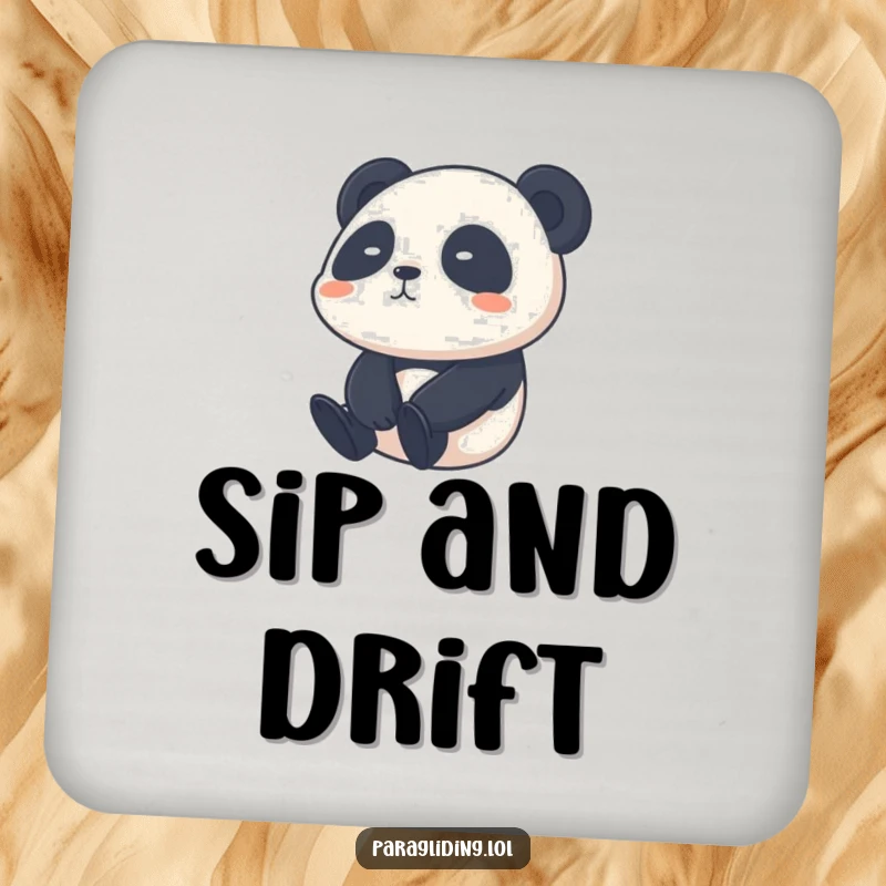 Funny shy panda coaster, showing a shy panda calmly drifting through the sky, protecting surfaces with peace.