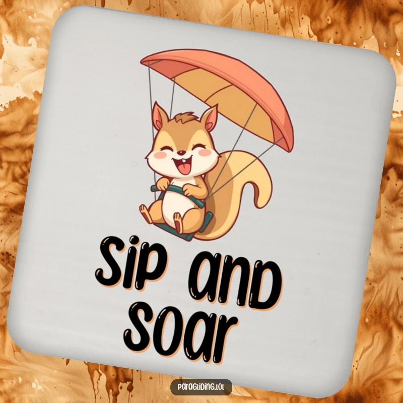 Funny giggling squirrel paragliding and waving on a protective drink coaster. A delightful and funny gift for home decor.