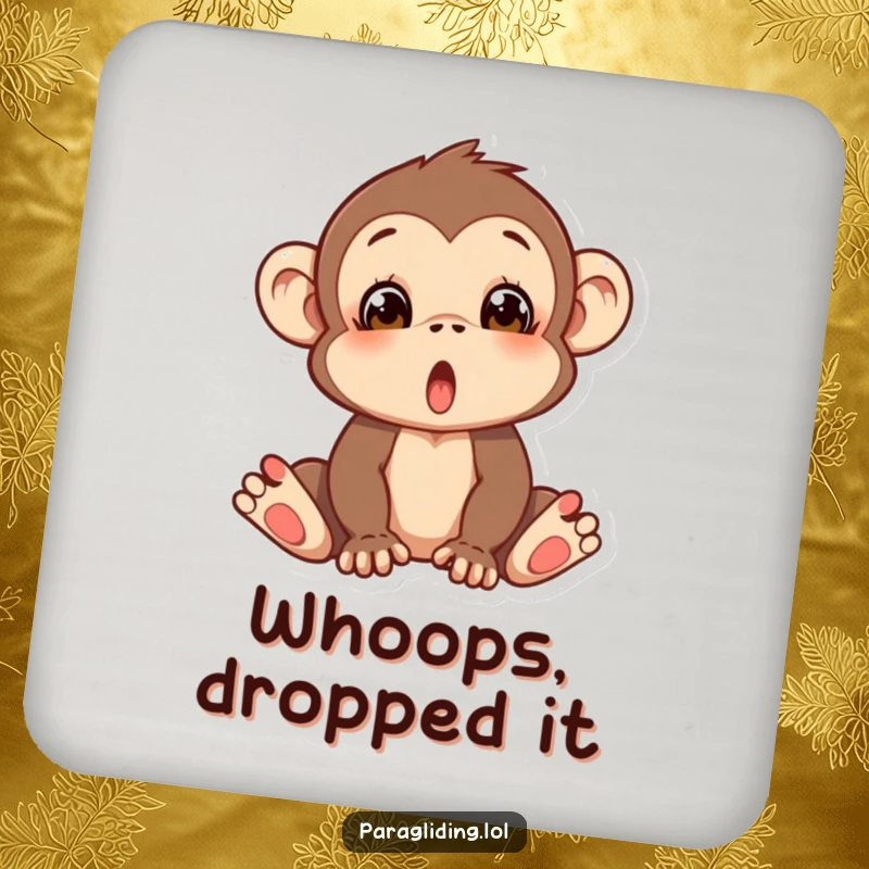 Funny drink coaster featuring a silly monkey with a wide-eyed, surprised expression, looking like it’s about to fall.