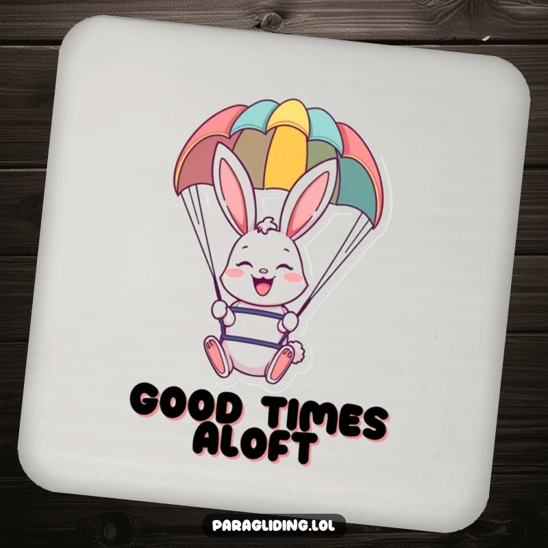 Funny drink coaster showcasing a cheerful bunny paragliding, protecting furniture with a whimsical theme.