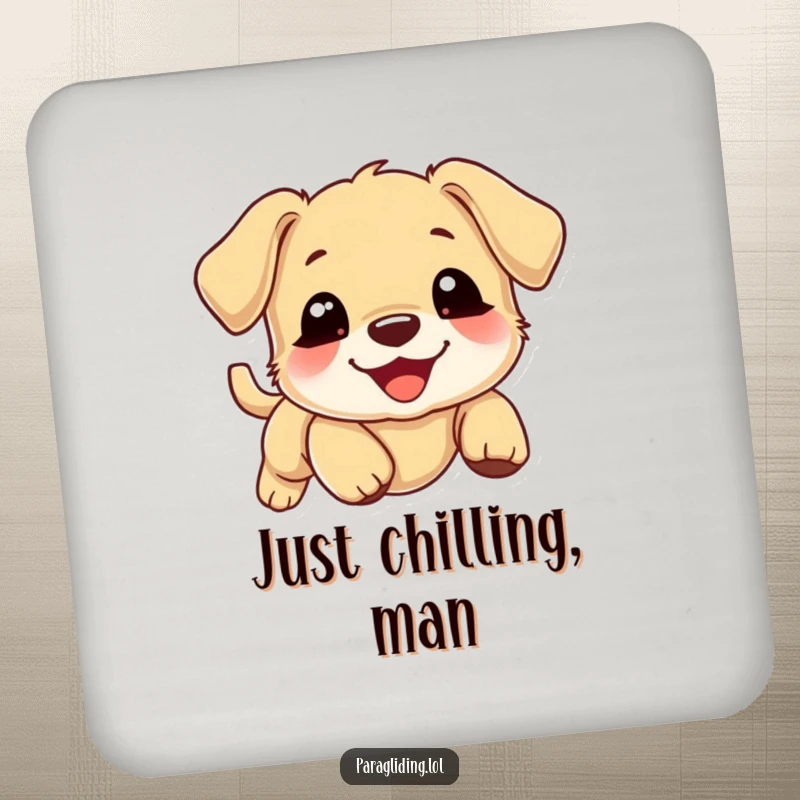 Funny puppy coaster, smiling puppy drifting gently downward on a cloud, drink protection, cute pet decor.